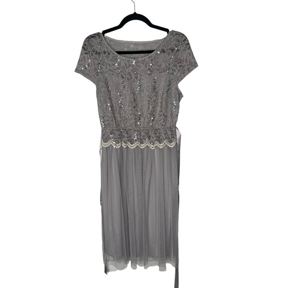 1950's VINTAGE 6 Stretch Lace Tulle Fit & Flare Midi Dres Sequin Gray Silver EUC - Picture 10 of 12